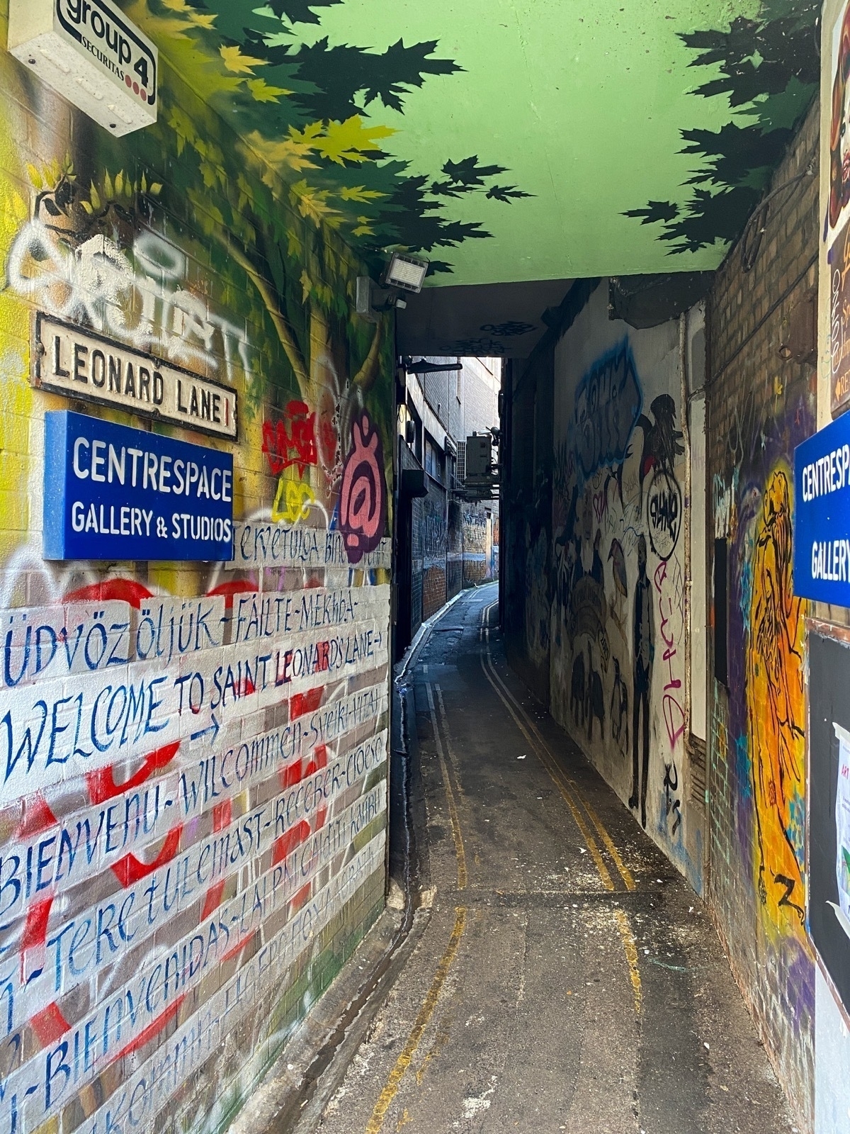 Narrow alleyway with painted signs, decorations and graffiti