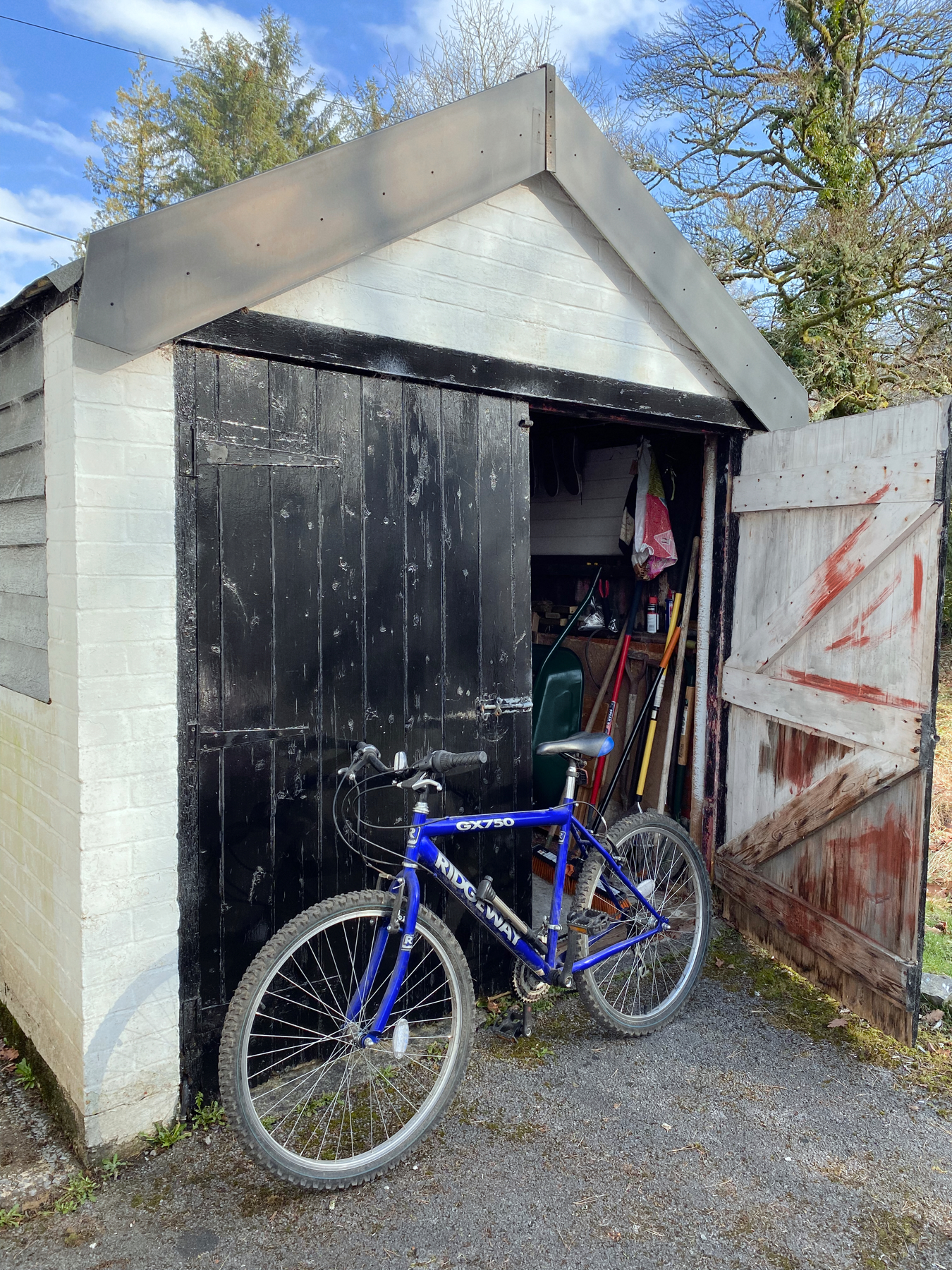 Blue bicycle leaning against garage door