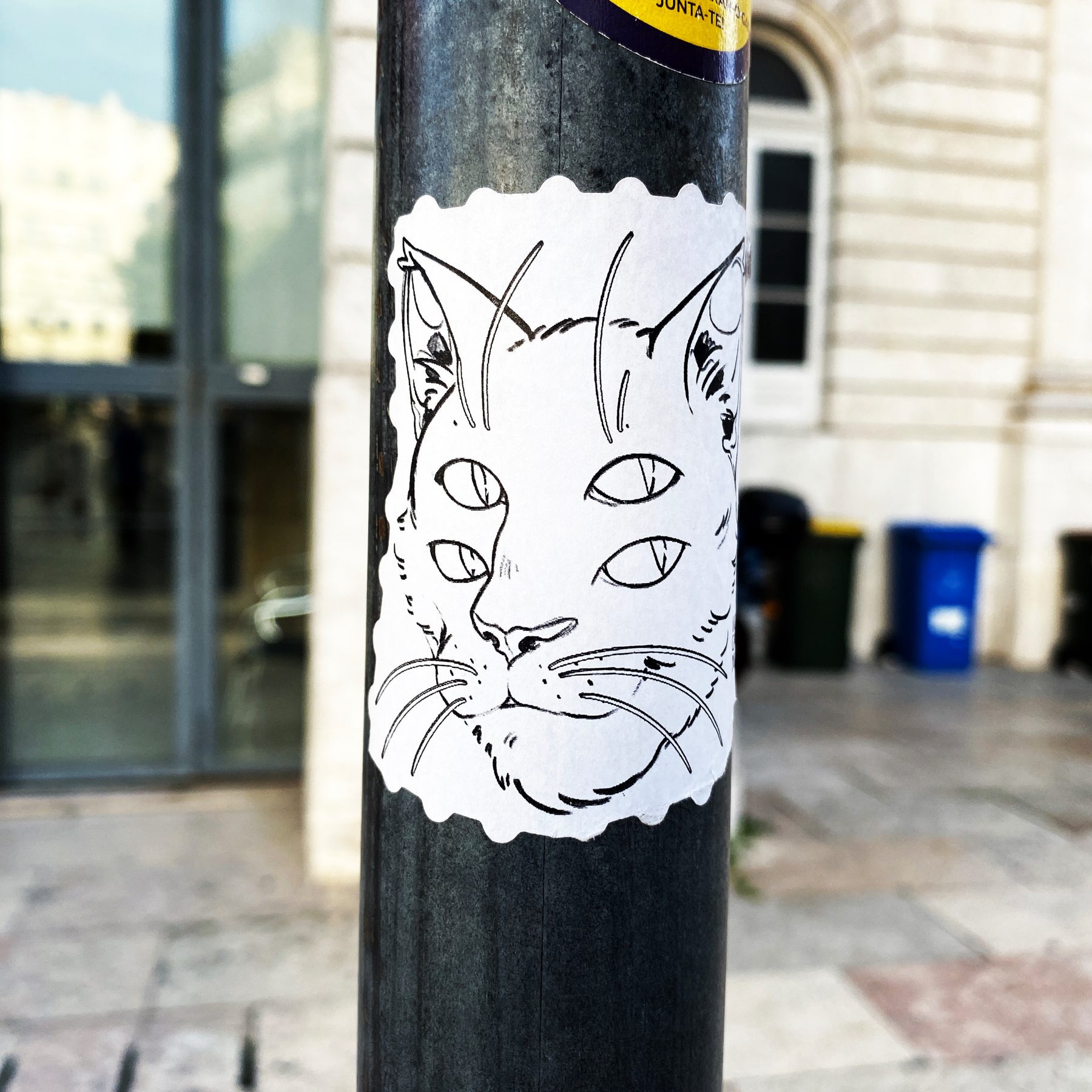 Sticker, drawing of a cat's head with four eyes, on a black post