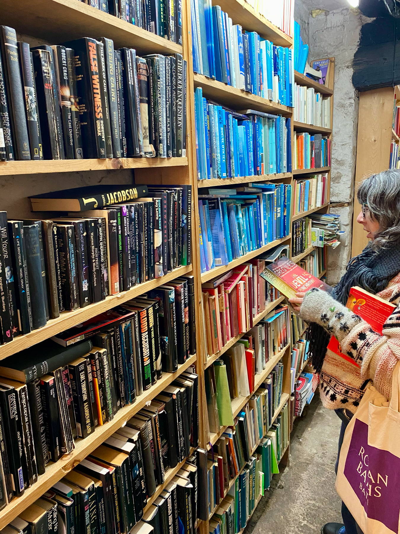 Person browsing books in a cozy bookstore with shelves organized by color.