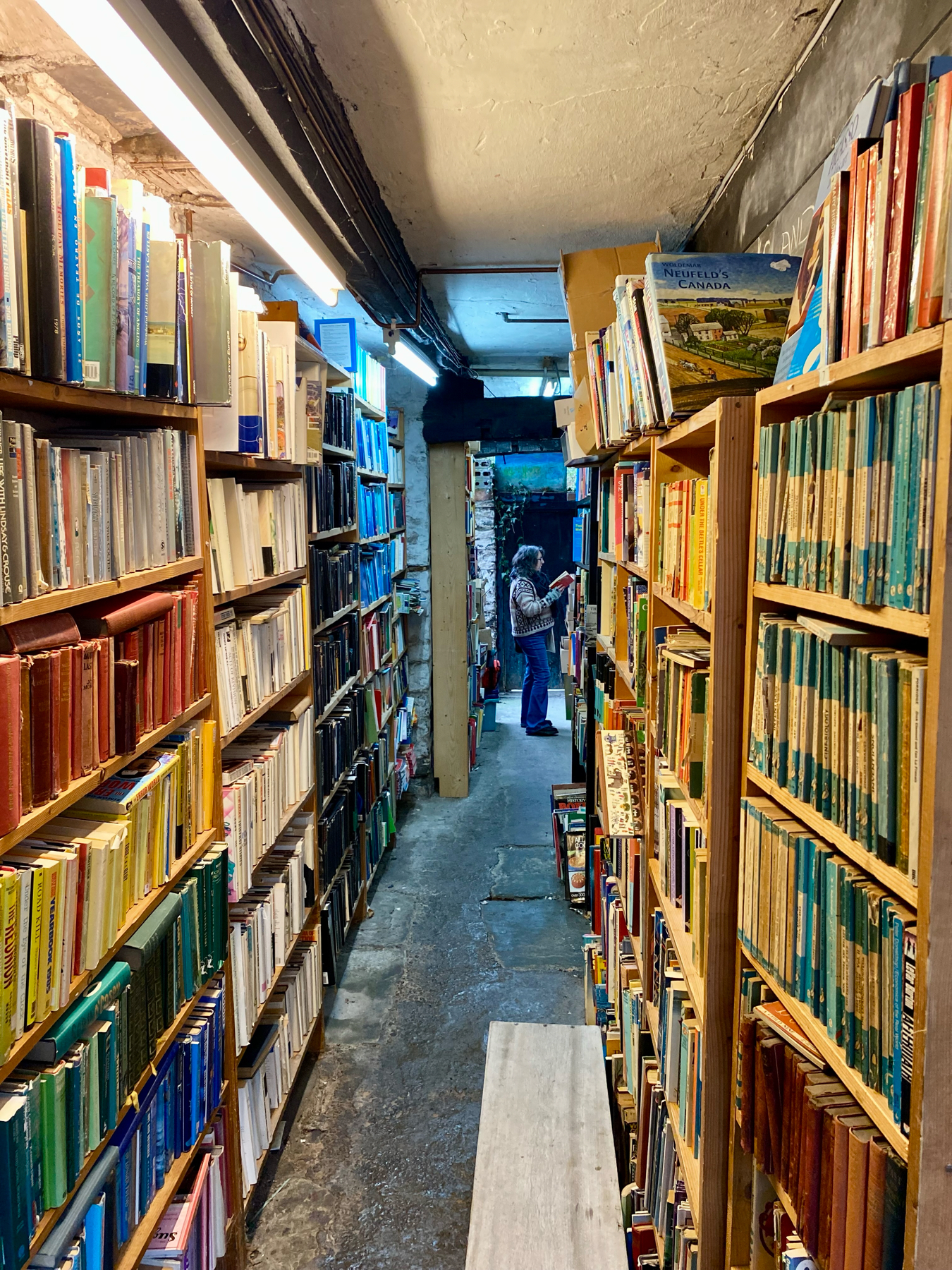 A narrow bookshop aisle with tall wooden shelves filled with various books on either side. A person is browsing books in the background, under fluorescent lighting.